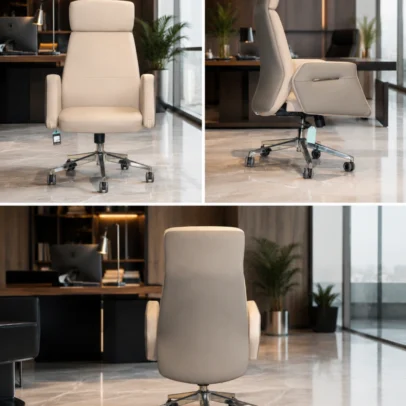 Premium High Back Leather Executive Office Chair for Luxury Workspaces The Premium High Back Leather Executive Office Chair is designed for professionals who demand exceptional comfort, sophisticated style, and reliable performance. Featuring a modern executive design with premium leatherette upholstery, this chair creates a luxurious seating experience while enhancing the appearance of executive cabins, corporate offices, boardrooms, and home workspaces. Its elegant high-back profile is carefully engineered to provide full support for the neck, shoulders, and back, promoting healthy posture throughout long working hours. The ergonomically contoured backrest follows the natural curve of the spine, helping reduce pressure on the lower back while improving overall sitting comfort. The generously padded seat is crafted with high-density cushioning that offers superior comfort and maintains its shape over extended use. Whether you are attending virtual meetings, managing daily operations, or working on important projects, this executive office chair delivers consistent support from morning to evening. Wrapped in premium-quality leatherette upholstery, the chair offers a refined finish that is soft to the touch, easy to maintain, and resistant to everyday wear. The elegant cream color complements modern office interiors, adding a clean, premium, and professional aesthetic to executive spaces. Designed for smooth mobility, the chair features a heavy-duty chrome base equipped with durable caster wheels that glide effortlessly across various flooring surfaces. The 360-degree swivel mechanism allows easy movement in every direction, improving efficiency and flexibility in fast-paced work environments. The fixed padded armrests provide additional comfort by supporting the arms and shoulders, helping reduce fatigue during extended periods of computer work, meetings, or administrative tasks. The sturdy frame and premium construction ensure long-lasting durability, making this chair suitable for daily commercial and professional use. Ideal for CEOs, directors, senior managers, consultants, architects, entrepreneurs, and business professionals, this executive chair combines luxury, comfort, and functionality in one elegant seating solution. It seamlessly fits into executive cabins, conference rooms, luxury offices, premium coworking spaces, and modern home offices. Manufactured with high-quality materials and precision craftsmanship, the Premium High Back Leather Executive Office Chair is built to deliver outstanding durability, ergonomic support, and timeless style. It is an excellent investment for businesses looking to create a productive, comfortable, and sophisticated working environment. Upgrade your office with a chair that reflects professionalism, confidence, and premium quality while providing exceptional comfort for everyday use. Key Features Premium High Back Executive Design Ergonomic Lumbar & Back Support Premium Leatherette Upholstery Elegant Cream Finish High-Density Foam Cushion Soft Padded Armrests Heavy-Duty Chrome Base Smooth 360° Swivel Rotation Durable Twin-Wheel Castors Commercial Grade Construction Comfortable for Extended Sitting Easy to Clean and Maintain SEO Keywords Executive Office Chair High Back Office Chair Leather Executive Chair Premium Office Chair Luxury Office Chair Boss Chair CEO Office Chair Director Chair High Back Leather Chair Revolving Office Chair Swivel Office Chair Ergonomic Executive Chair Corporate Office Chair Premium Office Furniture Modern Executive Chair