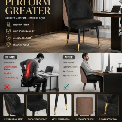 Premium Upholstered Visitor Chair with Metal Legs for Reception, Meeting & Waiting Areas Enhance your office interiors with the Premium Upholstered Visitor Chair with Metal Legs, a stylish and comfortable seating solution designed for modern commercial and residential spaces. Combining elegant upholstery, ergonomic comfort, and a durable metal frame, this chair is ideal for reception areas, visitor lounges, conference rooms, executive offices, cafés, hotels, restaurants, and waiting areas. Designed with a clean, minimalist silhouette, the chair features a generously padded seat and backrest upholstered in premium velvet fabric. The soft-touch upholstery provides exceptional comfort while adding a sophisticated and luxurious appearance to any environment. Its ergonomic backrest supports the natural posture of the user, making it suitable for extended seating during meetings, discussions, or waiting periods. The chair is built on a heavy-duty powder-coated metal frame, ensuring excellent strength, stability, and long-lasting durability. The elegant black-finished legs are complemented with premium gold-finish metal caps, creating a luxurious contemporary look that blends perfectly with modern office interiors, hospitality spaces, and designer furniture collections. High-density foam cushioning offers outstanding seating comfort while maintaining its shape even after prolonged daily use. The premium upholstery is durable, easy to maintain, and resistant to everyday wear, making it suitable for high-traffic commercial environments. Whether placed in a corporate reception, executive cabin, conference room, hotel lobby, café, restaurant, boutique, or modern home office, this visitor chair provides a perfect combination of comfort, elegance, and functionality. Its compact footprint allows efficient space utilization while delivering premium seating for guests and clients. Manufactured using high-quality materials and precision craftsmanship, this chair is engineered for commercial-grade performance. Anti-slip leg protectors improve stability and help protect flooring from scratches, ensuring reliable everyday use. The Premium Upholstered Visitor Chair with Metal Legs is an excellent choice for businesses seeking premium visitor seating that reflects professionalism and modern design. Its timeless aesthetics and durable construction make it a valuable addition to any contemporary workspace. Key Features Premium Velvet Upholstery Ergonomic Backrest Design High-Density Foam Cushion Heavy-Duty Metal Frame Powder-Coated Black Legs Decorative Gold Metal Leg Caps Modern Contemporary Styling Durable Commercial-Grade Construction Comfortable for Extended Sitting Scratch-Resistant Frame Anti-Slip Floor Protectors Easy to Clean & Maintain SEO Keywords Visitor Chair Upholstered Visitor Chair Reception Chair Office Visitor Chair Conference Chair Waiting Room Chair Velvet Visitor Chair Guest Chair Reception Seating Metal Leg Visitor Chair Modern Office Chair Executive Visitor Chair Commercial Seating Chair Office Furniture Lounge Chair