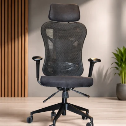 Ergonomic High Back Mesh Office Chair with Adjustable Headrest for Modern Offices Experience superior comfort and productivity with the Ergonomic High Back Mesh Office Chair with Adjustable Headrest, designed for professionals who spend long hours at their desks. Combining advanced ergonomic support, breathable mesh construction, and modern aesthetics, this chair is the perfect seating solution for corporate offices, home offices, workstations, and professional environments. Designed with a high-back ergonomic frame, this office chair provides complete support for the head, neck, shoulders, and lower back. The adjustable headrest helps maintain proper neck alignment, while the ergonomic backrest follows the natural curve of the spine, promoting healthy posture and reducing fatigue throughout the workday. The breathable mesh backrest enhances airflow, allowing heat and moisture to escape naturally. This keeps users cool and comfortable even during extended working hours, making the chair an excellent choice for busy offices, call centers, IT companies, coworking spaces, and home workstations. The generously padded fabric seat is made with high-density foam that delivers lasting comfort without losing its shape. The seat provides balanced support, making it suitable for prolonged computer work, meetings, online conferences, designing, programming, and administrative tasks. This ergonomic office chair features adjustable armrests that help reduce strain on the shoulders, wrists, and elbows while typing or using a computer. The height adjustment mechanism allows users to customize the seating position according to their desk height and individual comfort preferences. Built on a strong heavy-duty nylon base, the chair offers excellent stability and durability for daily commercial use. Smooth-rolling caster wheels provide effortless mobility across different floor surfaces, while the 360-degree swivel mechanism enables easy movement and improved workplace efficiency. Its sleek black finish and contemporary design blend seamlessly into modern office interiors, executive workspaces, conference rooms, educational institutions, and professional environments. Whether you're furnishing a startup office, corporate workspace, or home office, this chair delivers both functionality and style. Manufactured using premium-quality materials, the Ergonomic High Back Mesh Office Chair with Adjustable Headrest is built for durability, comfort, and long-term performance. It is an excellent investment for businesses and professionals seeking reliable ergonomic seating that supports productivity and overall well-being. Upgrade your workspace with a chair designed to improve posture, enhance comfort, and create a healthier working environment for everyday use. Key Features Ergonomic High Back Design Adjustable Headrest Breathable Mesh Backrest High-Density Foam Seat Cushion Adjustable Seat Height Adjustable Armrests Heavy-Duty Nylon Base Smooth Rolling Castor Wheels 360° Swivel Rotation Excellent Lumbar Support Durable Commercial-Grade Construction Modern Professional Design SEO Keywords Ergonomic Office Chair Mesh Office Chair High Back Mesh Chair Office Chair with Headrest Adjustable Office Chair Computer Chair Workstation Chair Task Chair Executive Mesh Chair Swivel Office Chair Revolving Office Chair Ergonomic Computer Chair Office Furniture Modern Office Chair Professional Office Chair