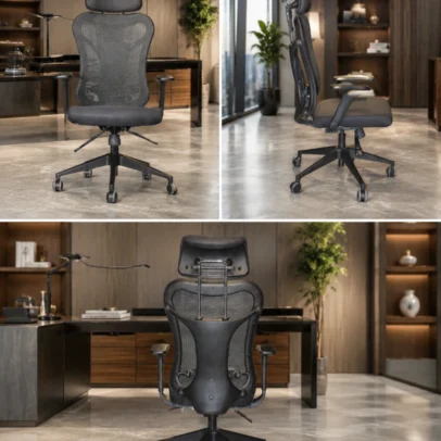 Ergonomic High Back Mesh Office Chair with Adjustable Headrest for Modern Offices Experience superior comfort and productivity with the Ergonomic High Back Mesh Office Chair with Adjustable Headrest, designed for professionals who spend long hours at their desks. Combining advanced ergonomic support, breathable mesh construction, and modern aesthetics, this chair is the perfect seating solution for corporate offices, home offices, workstations, and professional environments. Designed with a high-back ergonomic frame, this office chair provides complete support for the head, neck, shoulders, and lower back. The adjustable headrest helps maintain proper neck alignment, while the ergonomic backrest follows the natural curve of the spine, promoting healthy posture and reducing fatigue throughout the workday. The breathable mesh backrest enhances airflow, allowing heat and moisture to escape naturally. This keeps users cool and comfortable even during extended working hours, making the chair an excellent choice for busy offices, call centers, IT companies, coworking spaces, and home workstations. The generously padded fabric seat is made with high-density foam that delivers lasting comfort without losing its shape. The seat provides balanced support, making it suitable for prolonged computer work, meetings, online conferences, designing, programming, and administrative tasks. This ergonomic office chair features adjustable armrests that help reduce strain on the shoulders, wrists, and elbows while typing or using a computer. The height adjustment mechanism allows users to customize the seating position according to their desk height and individual comfort preferences. Built on a strong heavy-duty nylon base, the chair offers excellent stability and durability for daily commercial use. Smooth-rolling caster wheels provide effortless mobility across different floor surfaces, while the 360-degree swivel mechanism enables easy movement and improved workplace efficiency. Its sleek black finish and contemporary design blend seamlessly into modern office interiors, executive workspaces, conference rooms, educational institutions, and professional environments. Whether you're furnishing a startup office, corporate workspace, or home office, this chair delivers both functionality and style. Manufactured using premium-quality materials, the Ergonomic High Back Mesh Office Chair with Adjustable Headrest is built for durability, comfort, and long-term performance. It is an excellent investment for businesses and professionals seeking reliable ergonomic seating that supports productivity and overall well-being. Upgrade your workspace with a chair designed to improve posture, enhance comfort, and create a healthier working environment for everyday use. Key Features Ergonomic High Back Design Adjustable Headrest Breathable Mesh Backrest High-Density Foam Seat Cushion Adjustable Seat Height Adjustable Armrests Heavy-Duty Nylon Base Smooth Rolling Castor Wheels 360° Swivel Rotation Excellent Lumbar Support Durable Commercial-Grade Construction Modern Professional Design SEO Keywords Ergonomic Office Chair Mesh Office Chair High Back Mesh Chair Office Chair with Headrest Adjustable Office Chair Computer Chair Workstation Chair Task Chair Executive Mesh Chair Swivel Office Chair Revolving Office Chair Ergonomic Computer Chair Office Furniture Modern Office Chair Professional Office Chair