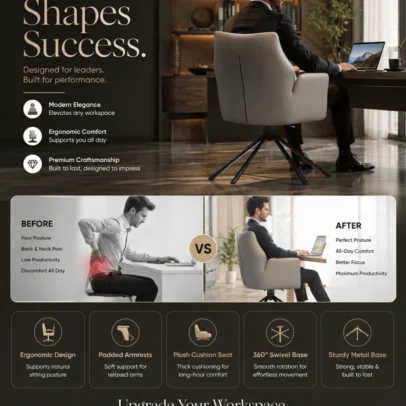 Premium Swivel Conference Chair with Upholstered Seat for Meeting Rooms, Offices & Executive Spaces Upgrade your meeting and executive spaces with the Premium Swivel Conference Chair with Upholstered Seat, a perfect combination of contemporary design, ergonomic comfort, and commercial-grade durability. Designed for conference rooms, executive cabins, meeting areas, reception lounges, and modern office interiors, this stylish chair delivers exceptional seating comfort while enhancing the professional appearance of your workspace. Crafted with a spacious ergonomic seat and supportive backrest, this conference chair provides outstanding comfort during long meetings, presentations, client discussions, and collaborative work sessions. The generously padded high-density foam cushioning reduces seating fatigue, allowing users to remain comfortable throughout extended periods of use. The chair is upholstered in premium leatherette, offering a soft-touch surface that is durable, easy to clean, and resistant to daily wear. Its elegant light grey finish complements modern office interiors, luxury conference tables, executive cabins, coworking spaces, hospitality environments, and premium commercial settings. Designed with integrated padded armrests, the chair provides additional support for the arms and shoulders, helping users maintain a relaxed and comfortable sitting posture. The ergonomic backrest naturally supports the spine while encouraging proper posture during meetings and discussions. The chair features a 360-degree swivel spider base manufactured from heavy-duty powder-coated steel, ensuring excellent stability, durability, and smooth rotational movement. The fixed four-leg swivel base offers superior balance while allowing users to rotate effortlessly without moving the chair, making communication and collaboration more convenient. Its modern minimalist design blends seamlessly with executive office furniture, boardroom interiors, reception spaces, consulting rooms, and designer work environments. The strong metal construction ensures reliable performance in high-traffic commercial applications while maintaining a sophisticated appearance. Manufactured using premium-quality materials and precision engineering, the Premium Swivel Conference Chair with Upholstered Seat is built for long-term durability and everyday professional use. Whether you are furnishing a conference room, executive office, meeting lounge, or premium reception area, this chair provides the perfect combination of comfort, elegance, and functionality. Enhance your workspace with a conference chair that reflects professionalism, modern design, and lasting quality while providing exceptional seating comfort for employees, clients, and guests. Key Features Premium Leatherette Upholstery Ergonomic Curved Backrest High-Density Foam Cushion Integrated Padded Armrests 360° Swivel Mechanism Heavy-Duty Steel Spider Base Powder-Coated Metal Frame Stable Four-Leg Design Modern Executive Appearance Commercial-Grade Construction Comfortable for Long Meetings Easy to Clean & Maintain Product Specifications Chair Type: Conference Chair Category: Conference Chairs Seat Material: Premium Leatherette Upholstery Cushion Material: High-Density Foam Back Style: Medium Back Ergonomic Armrests: Integrated Padded Armrests Base Material: Heavy-Duty Powder-Coated Steel Base Type: 4-Leg Swivel Spider Base Rotation: 360° Swivel Color: Light Grey Usage: Indoor Commercial & Residential Maintenance: Easy to Clean Ideal For Conference Rooms Boardrooms Executive Offices Meeting Rooms Reception Areas Visitor Lounges Corporate Offices Consulting Rooms Hotels Business Centers Coworking Spaces Premium Commercial Interiors Conference Chair Swivel Conference Chair Executive Conference Chair Meeting Room Chair Visitor Chair Reception Chair Upholstered Conference Chair Office Meeting Chair Modern Office Chair Executive Seating Chair Boardroom Chair Office Visitor Chair Commercial Office Chair Leatherette Conference Chair Premium Office Furniture