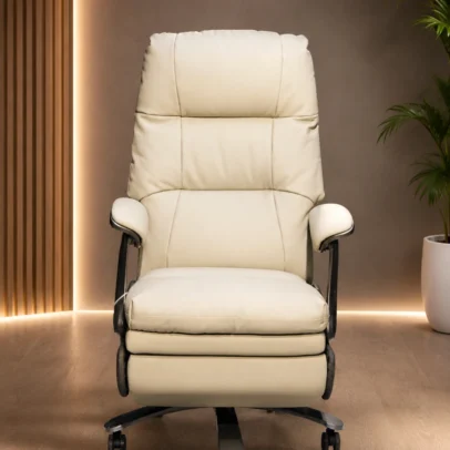 Luxury Electric Recliner Executive Office Chair with One-Touch Power Reclining Experience a new level of comfort and luxury with the Luxury Electric Recliner Executive Office Chair, designed for executives, business owners, directors, and professionals who demand premium seating with advanced functionality. Combining modern executive styling with an intelligent one-touch electric reclining system, this chair transforms your workspace into a place of comfort, productivity, and relaxation. Unlike conventional executive chairs, this model features a motorized reclining mechanism that allows the backrest and footrest to open and close effortlessly using a convenient control button. With a single touch, you can smoothly adjust the chair from an upright working position to a comfortable reclining position, making it ideal for working, reading, relaxing, or taking a short break during busy office hours. The high-back ergonomic design provides complete support for the neck, shoulders, spine, and lumbar region, helping maintain proper posture while reducing pressure on the back during prolonged sitting. The generously padded backrest, oversized seat cushion, and integrated footrest create a luxurious seating experience that supports both productivity and relaxation. Wrapped in premium-quality leatherette upholstery, the chair offers a sophisticated appearance while being durable, easy to maintain, and suitable for everyday commercial use. The elegant cream finish complements executive cabins, CEO offices, luxury conference rooms, premium home offices, and modern corporate interiors. Designed for exceptional comfort, the chair features thick high-density foam cushioning that provides superior support throughout the day. The padded armrests enhance overall comfort, while the ergonomic contours naturally support the body during long working hours. The chair is equipped with a heavy-duty swivel base and smooth caster wheels for effortless movement across office floors. Its sturdy construction ensures excellent stability and long-lasting performance, making it suitable for demanding professional environments. The electric reclining function makes this chair an excellent choice for professionals who spend extended hours in their office. Whether conducting meetings, working on projects, making presentations, or simply relaxing between tasks, the motorized recliner provides personalized comfort at the touch of a button. Manufactured using premium-quality materials and precision engineering, the Luxury Electric Recliner Executive Office Chair combines executive elegance, advanced technology, and ergonomic excellence. It is the perfect seating solution for modern professionals who value comfort, innovation, and premium craftsmanship. Upgrade your workspace with an executive chair that delivers luxury, convenience, and superior ergonomic support while adding a refined and professional look to your office. Key Features One-Touch Electric Reclining System Motorized Backrest Adjustment Integrated Electric Footrest Premium High Back Executive Design Ergonomic Lumbar & Neck Support High-Density Foam Cushioning Premium Leatherette Upholstery Soft Padded Armrests Heavy-Duty Swivel Base Smooth Rolling Castor Wheels Modern Luxury Executive Design Durable Commercial-Grade Construction Comfortable for Long Working Hours Easy to Operate Button Controls SEO Keywords Electric Executive Office Chair Power Recliner Office Chair Luxury Executive Chair Electric Boss Chair Motorized Office Chair Recliner Office Chair Executive Reclining Chair CEO Office Chair Director Office Chair Premium Office Chair High Back Executive Chair Leather Executive Chair Smart Office Chair Swivel Executive Chair Luxury Office Furniture