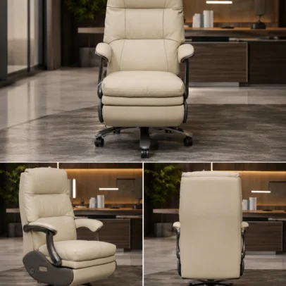 Luxury Electric Recliner Executive Office Chair with One-Touch Power Reclining Experience a new level of comfort and luxury with the Luxury Electric Recliner Executive Office Chair, designed for executives, business owners, directors, and professionals who demand premium seating with advanced functionality. Combining modern executive styling with an intelligent one-touch electric reclining system, this chair transforms your workspace into a place of comfort, productivity, and relaxation. Unlike conventional executive chairs, this model features a motorized reclining mechanism that allows the backrest and footrest to open and close effortlessly using a convenient control button. With a single touch, you can smoothly adjust the chair from an upright working position to a comfortable reclining position, making it ideal for working, reading, relaxing, or taking a short break during busy office hours. The high-back ergonomic design provides complete support for the neck, shoulders, spine, and lumbar region, helping maintain proper posture while reducing pressure on the back during prolonged sitting. The generously padded backrest, oversized seat cushion, and integrated footrest create a luxurious seating experience that supports both productivity and relaxation. Wrapped in premium-quality leatherette upholstery, the chair offers a sophisticated appearance while being durable, easy to maintain, and suitable for everyday commercial use. The elegant cream finish complements executive cabins, CEO offices, luxury conference rooms, premium home offices, and modern corporate interiors. Designed for exceptional comfort, the chair features thick high-density foam cushioning that provides superior support throughout the day. The padded armrests enhance overall comfort, while the ergonomic contours naturally support the body during long working hours. The chair is equipped with a heavy-duty swivel base and smooth caster wheels for effortless movement across office floors. Its sturdy construction ensures excellent stability and long-lasting performance, making it suitable for demanding professional environments. The electric reclining function makes this chair an excellent choice for professionals who spend extended hours in their office. Whether conducting meetings, working on projects, making presentations, or simply relaxing between tasks, the motorized recliner provides personalized comfort at the touch of a button. Manufactured using premium-quality materials and precision engineering, the Luxury Electric Recliner Executive Office Chair combines executive elegance, advanced technology, and ergonomic excellence. It is the perfect seating solution for modern professionals who value comfort, innovation, and premium craftsmanship. Upgrade your workspace with an executive chair that delivers luxury, convenience, and superior ergonomic support while adding a refined and professional look to your office. Key Features One-Touch Electric Reclining System Motorized Backrest Adjustment Integrated Electric Footrest Premium High Back Executive Design Ergonomic Lumbar & Neck Support High-Density Foam Cushioning Premium Leatherette Upholstery Soft Padded Armrests Heavy-Duty Swivel Base Smooth Rolling Castor Wheels Modern Luxury Executive Design Durable Commercial-Grade Construction Comfortable for Long Working Hours Easy to Operate Button Controls SEO Keywords Electric Executive Office Chair Power Recliner Office Chair Luxury Executive Chair Electric Boss Chair Motorized Office Chair Recliner Office Chair Executive Reclining Chair CEO Office Chair Director Office Chair Premium Office Chair High Back Executive Chair Leather Executive Chair Smart Office Chair Swivel Executive Chair Luxury Office Furniture