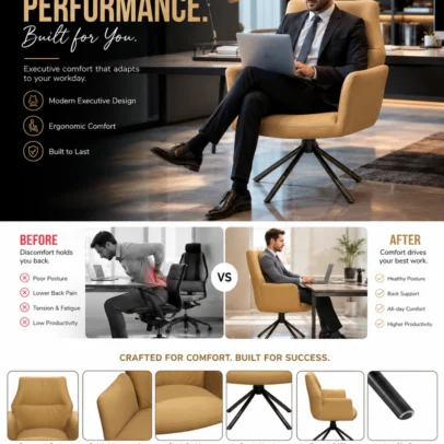 Luxury Swivel Conference Chair for Executive Offices, Conference Rooms & Reception Areas Create a sophisticated and professional workspace with the Luxury Swivel Conference Chair, designed to combine premium comfort, elegant aesthetics, and long-lasting durability. Ideal for executive meeting rooms, conference halls, boardrooms, reception lounges, corporate offices, and premium commercial interiors, this chair offers an exceptional seating experience while enhancing the overall appearance of modern workspaces. Featuring a contemporary ergonomic design, this conference chair is crafted with a generously padded seat, supportive backrest, and integrated armrests that provide outstanding comfort throughout long meetings, presentations, interviews, and daily office activities. The ergonomic profile encourages healthy posture while reducing pressure on the back, shoulders, and hips. The chair is upholstered in premium-quality leatherette with a luxurious mustard finish that brings warmth and sophistication to any office environment. Its smooth surface is soft to the touch, highly durable, resistant to daily wear, and easy to clean, making it suitable for both commercial and residential office spaces. The integrated padded armrests provide excellent support and allow users to sit comfortably for extended periods. High-density foam cushioning ensures superior comfort while maintaining its shape and resilience even with continuous daily use. Built on a heavy-duty powder-coated steel four-leg spider base, this chair offers excellent stability and durability while allowing a smooth 360-degree swivel movement. The swivel mechanism enables effortless interaction during meetings without the need to move the chair, improving convenience and productivity in collaborative workspaces. With its elegant minimalist styling and premium craftsmanship, the Luxury Swivel Conference Chair seamlessly complements executive desks, conference tables, reception counters, coworking spaces, consulting offices, luxury cabins, hotels, and modern commercial interiors. Manufactured using high-quality materials and precision engineering, this chair is designed for long-term reliability, comfort, and professional performance. Whether furnishing a boardroom, executive office, client meeting area, or reception lounge, this chair delivers the perfect balance of luxury, functionality, and modern design. Upgrade your office with a premium conference chair that offers ergonomic support, stylish aesthetics, and exceptional durability for today's professional work environments. Key Features Premium Leatherette Upholstery Ergonomic Medium Back Design High-Density Foam Cushioning Soft Integrated Armrests 360° Swivel Function Heavy-Duty Powder-Coated Steel Base Stable Four-Leg Spider Design Modern Executive Styling Commercial-Grade Construction Comfortable for Long Meetings Easy Maintenance Surface Suitable for Corporate Interiors SEO Keywords Conference Chair Luxury Conference Chair Swivel Conference Chair Executive Conference Chair Meeting Room Chair Reception Chair Visitor Chair Office Meeting Chair Upholstered Office Chair Executive Seating Chair Corporate Office Chair Boardroom Chair Premium Conference Seating Modern Office Chair Commercial Office Furniture