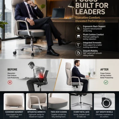 Experience superior comfort and executive elegance with the Premium High Back Executive Office Chair with Integrated Headrest, crafted for professionals who demand both style and performance. Featuring a sleek contemporary design with premium upholstery, this chair enhances the appearance of executive cabins, director rooms, corporate offices, and luxury home workspaces. The ergonomic high-back structure provides excellent support to the neck, shoulders, and lower back, helping maintain healthy posture during long working hours. The integrated cushioned headrest offers additional neck support, while the generously padded seat ensures lasting comfort throughout the day. Designed for smooth mobility and flexible movement, the chair includes a 360-degree swivel mechanism, height-adjustable seat control, and durable caster wheels. The sturdy chrome-finish metal base delivers enhanced stability and long-term durability, making it suitable for daily professional use. With its refined finish, supportive cushioning, and modern executive styling, this chair is an ideal seating solution for senior executives, directors, managers, consultants, and professionals seeking a premium office seating experience. Key Features Ergonomic high-back executive design Integrated cushioned headrest for neck support Premium upholstered seat and backrest Comfortable fixed armrests with modern styling Thick seat cushioning for extended sitting comfort 360° swivel functionality Height-adjustable mechanism Durable chrome-finish metal base Smooth rolling caster wheels Strong and stable construction for daily office use Ideal For Executive cabins Director rooms CEO and manager offices Corporate offices Boardrooms Premium workstations Luxury home offices SEO Keywords Executive office chair, high back executive chair, boss chair, luxury office chair, director office chair, manager chair, ergonomic office chair, office chair with headrest, premium executive chair, swivel office chair, cushioned office chair, modern executive seating.