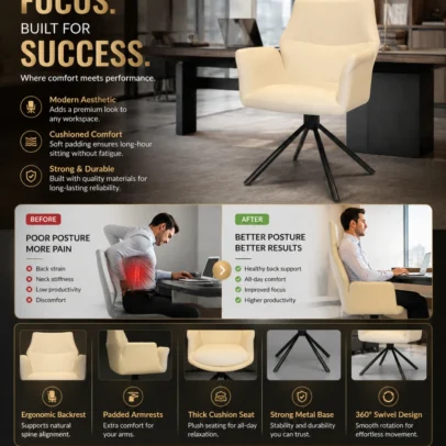 Premium White Swivel Conference Chair for Executive Offices, Meeting Rooms & Reception Areas Elevate your workspace with the Premium White Swivel Conference Chair, expertly designed to deliver superior comfort, elegant styling, and exceptional durability. Perfect for conference rooms, executive offices, boardrooms, reception areas, meeting spaces, coworking environments, and premium commercial interiors, this chair blends modern aesthetics with ergonomic functionality to create a professional seating solution. Designed with a spacious ergonomic seat and supportive medium-back backrest, this conference chair provides outstanding comfort throughout long meetings, presentations, interviews, and collaborative work sessions. The contoured backrest promotes healthy posture while reducing pressure on the back and shoulders, ensuring maximum comfort during extended sitting hours. The chair is upholstered in premium-quality white leatherette that offers a luxurious appearance while remaining durable, easy to clean, and resistant to everyday wear. Its elegant white finish enhances modern office interiors and pairs beautifully with executive desks, conference tables, and designer workspaces. Integrated padded armrests provide additional support for the arms and elbows, helping reduce fatigue while maintaining a relaxed seating position. The high-density foam cushioning retains its shape over time and delivers lasting comfort for daily commercial use. Built with a heavy-duty powder-coated steel four-leg spider base, the chair features a smooth 360-degree swivel mechanism that allows effortless movement during meetings and discussions. The stable metal base ensures excellent strength, balance, and long-lasting performance in busy office environments. Whether used in executive cabins, conference rooms, reception lounges, consulting offices, hotels, or business centers, the Premium White Swivel Conference Chair offers the perfect combination of comfort, functionality, and contemporary design. Its minimalist appearance complements a wide variety of office interiors while delivering reliable performance for years of professional use. Manufactured with premium materials and precision craftsmanship, this conference chair is an excellent choice for businesses seeking stylish, ergonomic, and durable seating solutions that leave a lasting impression on clients, employees, and visitors. Key Features - Premium White Leatherette Upholstery - Ergonomic Medium Back Design - High-Density Foam Cushioning - Integrated Padded Armrests - Smooth 360° Swivel Mechanism - Heavy-Duty Powder-Coated Steel Base - Stable Four-Leg Spider Design - Commercial-Grade Construction - Elegant Modern Appearance - Durable & Easy to Maintain - Comfortable for Long Meetings - Ideal for Professional Workspaces Product Specifications - Chair Type: Conference Chair - Category: Conference Chairs - Seat Material: Premium Leatherette Upholstery - Back Style: Ergonomic Medium Back - Cushion Material: High-Density Foam - Armrests: Fixed Padded Armrests - Base Material: Powder-Coated Steel - Base Type: Four-Leg Spider Swivel Base - Rotation: 360° Swivel - Color: White - Application: Commercial & Residential - Maintenance: Easy to Clean Ideal For - Conference Rooms - Executive Offices - Boardrooms - Meeting Rooms - Reception Areas - Visitor Lounges - Corporate Offices - Consulting Rooms - Hotels - Business Centers - Coworking Spaces - Premium Commercial Interiors White Conference Chair, Swivel Conference Chair, Executive Conference Chair, Office Conference Chair, Meeting Room Chair, Reception Chair, Visitor Chair, Executive Visitor Chair, Premium Office Chair, Upholstered Conference Chair, Corporate Office Chair, Boardroom Chair, Commercial Office Furniture, Modern Conference Seating, Luxury Office Chair