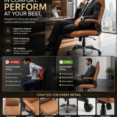 Upgrade your office with the Premium High Back Executive Office Chair with Lumbar Support, designed to provide superior comfort, ergonomic support, and executive style for modern professional environments. Featuring a tall cushioned backrest with integrated lumbar support, this chair helps maintain healthy posture and reduces lower back strain during long working hours. The generously padded seat and backrest offer excellent seating comfort, while the supportive armrests allow relaxed arm positioning for enhanced productivity. The high-back design supports the neck, shoulders, and spine, making it an ideal choice for executives, directors, managers, consultants, and professionals who spend extended hours at their desks. Built for smooth movement and everyday office performance, the chair includes a height-adjustable seating mechanism, 360-degree swivel functionality, and durable caster wheels for effortless mobility. The sturdy chrome-finish metal base ensures excellent stability, strength, and long-term durability in demanding office environments. With its elegant contemporary appearance and premium upholstery finish, this executive chair is perfectly suited for executive cabins, director rooms, boardrooms, corporate offices, premium workstations, and luxury home offices. Key Features Ergonomic high-back executive design Integrated lumbar support for lower back comfort Premium cushioned seat and backrest Comfortable padded armrests Thick cushioning for long working hours 360° swivel functionality Height-adjustable seating mechanism Durable chrome-finish metal base Smooth rolling caster wheels Strong and stable construction for professional use Ideal For Executive cabins Director rooms CEO offices Manager cabins Corporate offices Boardrooms Premium workstations Luxury home offices SEO Keywords Executive office chair, high back office chair, boss chair, ergonomic office chair with lumbar support, premium executive chair, director office chair, manager chair, luxury office chair, swivel office chair, cushioned office chair, corporate office chair, modern executive seating.