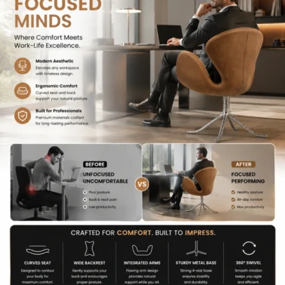 Luxury Swan Lounge Chair for Reception, Hotel Lobby & Premium Lounge Spaces Bring timeless elegance and superior comfort to your workspace with the Luxury Swan Lounge Chair. Designed with a beautifully curved shell, premium upholstery, and a heavy-duty swivel base, this chair is an excellent choice for reception areas, executive lounges, hotel lobbies, waiting rooms, luxury offices, cafés, restaurants, salons, and modern living spaces. The chair features an ergonomically designed curved backrest with integrated arm support that comfortably embraces the body, providing exceptional support during extended sitting. The spacious seat and high-density foam cushioning help reduce fatigue while maintaining maximum comfort throughout the day. Upholstered in premium-quality leatherette, the chair offers a soft-touch finish that is durable, easy to clean, and resistant to daily wear and tear. The elegant brown color enhances both contemporary and classic interiors, making it a stylish addition to commercial and residential environments alike. Its distinctive swan-inspired silhouette adds sophistication while offering excellent lumbar and arm support. Whether placed in a corporate reception, luxury hotel lobby, designer office, or executive waiting area, this chair creates an inviting atmosphere for clients and guests. The chair is supported by a heavy-duty polished stainless steel four-star swivel base that provides exceptional stability and smooth 360-degree rotation. Built for commercial use, the robust construction ensures long-lasting durability while maintaining a sleek and premium appearance. Combining modern aesthetics with ergonomic functionality, the Luxury Swan Lounge Chair is manufactured using high-quality materials and precision craftsmanship. It is the perfect seating solution for businesses looking to create elegant, comfortable, and professional interiors. Whether furnishing a luxury reception area, executive office, premium café, hotel lounge, or modern home, this chair delivers outstanding comfort, refined styling, and reliable performance for years to come. Key Features Premium Leatherette Upholstery Elegant Swan-Inspired Design Ergonomic Curved Backrest High-Density Foam Cushioning Integrated Armrests 360° Swivel Function Heavy-Duty Stainless Steel Base Commercial Grade Construction Comfortable for Long Sitting Modern Luxury Appearance Easy to Clean Surface Suitable for Residential & Commercial Use SEO Keywords Luxury Lounge Chair, Swan Chair, Reception Chair, Swivel Lounge Chair, Visitor Chair, Waiting Room Chair, Hotel Lobby Chair, Executive Lounge Chair, Premium Reception Chair, Designer Office Chair, Modern Lounge Seating, Commercial Lounge Chair, Office Reception Furniture, Luxury Office Chair, Hospitality Seating
