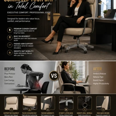 Enhance your executive workspace with the Premium Ergonomic High Back Executive Office Chair, crafted to deliver exceptional comfort, professional elegance, and long-lasting performance. Featuring a sleek high-back silhouette with integrated headrest support, this chair provides superior ergonomic comfort while complementing modern office interiors. The generously cushioned seat and backrest support the neck, shoulders, and lower back, helping maintain healthy posture and reducing fatigue during extended working hours. The integrated headrest offers enhanced neck support, while the softly padded armrests ensure relaxed arm positioning for improved productivity and comfort. Designed for everyday professional use, this executive chair includes a smooth height-adjustable mechanism, 360-degree swivel functionality, and durable caster wheels for effortless movement across office floors. The sturdy chrome-finish metal base provides excellent stability, strength, and long-term durability, making it ideal for demanding corporate environments. With its refined contemporary design and premium upholstery finish, this chair is perfectly suited for executive cabins, director rooms, boardrooms, corporate offices, premium workstations, and luxury home offices. Key Features Ergonomic high-back executive design Integrated cushioned headrest support Premium upholstered seat and backrest Comfortable padded armrests Thick cushioning for long-hour comfort 360° swivel functionality Height-adjustable seating mechanism Durable chrome-finish metal base Smooth rolling caster wheels Strong and stable construction for professional use Ideal For Executive cabins Director rooms CEO offices Manager cabins Corporate offices Boardrooms Premium workstations Luxury home offices SEO Keywords Premium executive office chair, ergonomic high back office chair, boss chair, luxury office chair, director office chair, manager chair, office chair with headrest, executive swivel chair, cushioned office chair, corporate office chair, modern executive seating, premium boss chair.