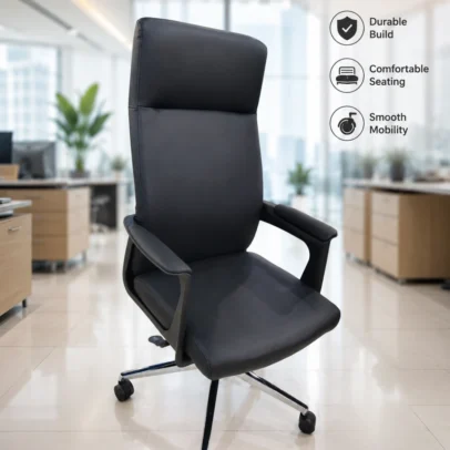 Enhance workplace comfort and productivity with the Ergonomic High Back Executive Office Chair, a premium seating solution designed for modern offices and professional environments. Featuring a sleek high-back silhouette, ergonomic back support, and generous cushioning, this chair offers excellent comfort during long working hours while maintaining a refined executive appearance. The high-back design supports the neck, shoulders, and spine, helping reduce fatigue and promote healthy posture throughout the workday. The thick cushioned seat provides superior sitting comfort, while the padded armrests support relaxed arm positioning for improved productivity and reduced shoulder strain. Engineered for daily office use, this executive chair includes a smooth height-adjustable mechanism, 360-degree swivel functionality, and durable caster wheels for effortless mobility across office floors. The sturdy chrome-finish metal base ensures excellent stability, strength, and long-term durability in demanding office settings. Its minimalist contemporary design and premium upholstery finish make this chair an excellent choice for executive cabins, director rooms, manager cabins, corporate offices, boardrooms, workstations, and home offices. Key Features Ergonomic high-back executive design Comfortable cushioned seat and backrest Padded armrests for enhanced comfort Thick seating cushion for extended use 360° swivel functionality Height-adjustable seating mechanism Durable chrome-finish metal base Smooth mobility caster wheels Strong and stable construction Professional contemporary office styling Ideal For Executive cabins Manager cabins Director rooms Corporate offices Boardrooms Workstations Professional offices Home offices SEO Keywords Ergonomic executive office chair, high back office chair, executive swivel chair, boss chair, premium office chair, manager office chair, director office chair, cushioned office chair, office chair with wheels, ergonomic office chair with armrests, corporate office chair, modern executive seating.