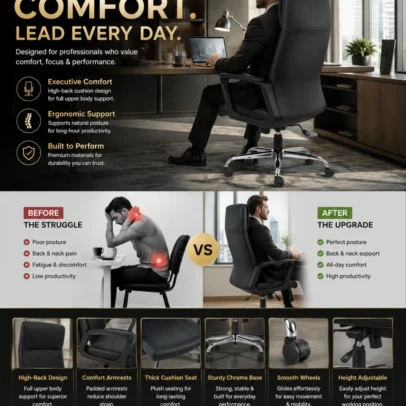 Enhance workplace comfort and productivity with the Ergonomic High Back Executive Office Chair, a premium seating solution designed for modern offices and professional environments. Featuring a sleek high-back silhouette, ergonomic back support, and generous cushioning, this chair offers excellent comfort during long working hours while maintaining a refined executive appearance. The high-back design supports the neck, shoulders, and spine, helping reduce fatigue and promote healthy posture throughout the workday. The thick cushioned seat provides superior sitting comfort, while the padded armrests support relaxed arm positioning for improved productivity and reduced shoulder strain. Engineered for daily office use, this executive chair includes a smooth height-adjustable mechanism, 360-degree swivel functionality, and durable caster wheels for effortless mobility across office floors. The sturdy chrome-finish metal base ensures excellent stability, strength, and long-term durability in demanding office settings. Its minimalist contemporary design and premium upholstery finish make this chair an excellent choice for executive cabins, director rooms, manager cabins, corporate offices, boardrooms, workstations, and home offices. Key Features Ergonomic high-back executive design Comfortable cushioned seat and backrest Padded armrests for enhanced comfort Thick seating cushion for extended use 360° swivel functionality Height-adjustable seating mechanism Durable chrome-finish metal base Smooth mobility caster wheels Strong and stable construction Professional contemporary office styling Ideal For Executive cabins Manager cabins Director rooms Corporate offices Boardrooms Workstations Professional offices Home offices SEO Keywords Ergonomic executive office chair, high back office chair, executive swivel chair, boss chair, premium office chair, manager office chair, director office chair, cushioned office chair, office chair with wheels, ergonomic office chair with armrests, corporate office chair, modern executive seating.
