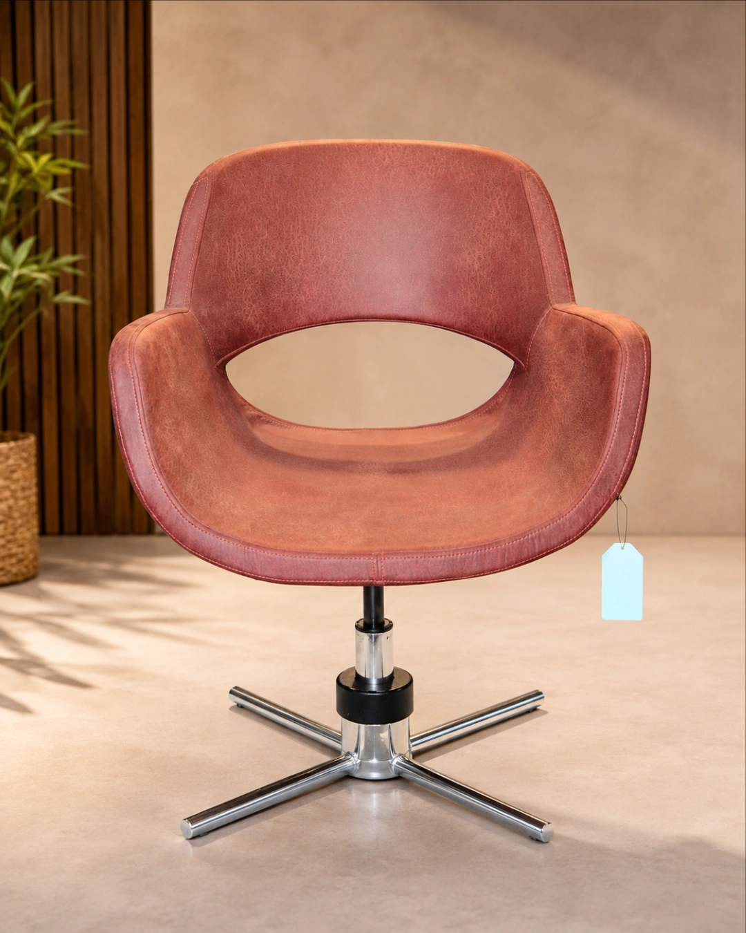 The Premium Designer Swivel Lounge Chair is crafted for customers who appreciate modern aesthetics and superior comfort. Upholstered in premium-quality leatherette with high-density foam cushioning, this chair provides exceptional seating comfort for extended periods. Its distinctive curved backrest with an open-back design creates a premium contemporary look while ensuring ergonomic support. The smooth 360° swivel mechanism allows effortless movement, making it perfect for reception areas, executive offices, meeting rooms, cafés, restaurants, hotel lobbies, luxury lounges, and stylish residential interiors. The heavy-duty chrome metal star base offers outstanding stability, corrosion resistance, and long-lasting durability. Designed for both commercial and residential environments, this chair blends luxury, comfort, and performance in one elegant package. Product Specifications Frame Material: Heavy-Duty Metal Frame Base Material: Chrome-Plated Steel Star Base Upholstery Material: Premium Leatherette Seat Material: High-Density Foam Cushion Armrest: Integrated Upholstered Armrests Backrest: Ergonomic Curved Open Back Swivel: 360° Rotation Color: Brown Style: Modern Luxury Assembly: Easy Assembly Usage: Indoor Key Features ✔ Premium Leatherette Upholstery ✔ Ergonomic Curved Backrest ✔ Modern Open-Back Designer Style ✔ Smooth 360° Swivel Function ✔ Heavy-Duty Chrome Metal Base ✔ Comfortable Armrests ✔ High-Density Foam Seat ✔ Strong Metal Construction ✔ Scratch & Rust Resistant Base ✔ Elegant Luxury Finish ✔ Easy Maintenance ✔ Ideal for Commercial & Residential Spaces Applications Office Reception Executive Cabin Hotel Lobby Waiting Area Café Restaurant Lounge Meeting Room Living Room Luxury Apartment Studio Commercial Interiors SEO Keywords Swivel Lounge Chair, Designer Lounge Chair, Leather Lounge Chair, Modern Lounge Chair, Reception Chair, Visitor Chair, Waiting Chair, Luxury Accent Chair, Office Lounge Chair, Hotel Lobby Chair, Café Chair, Restaurant Chair, Contemporary Chair, Leatherette Chair, Swivel Accent Chair, Premium Lounge Seating, Commercial Lounge Chair, Designer Office Chair, Modern Furniture India, Luxury Furniture
