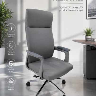 Upgrade your office seating experience with the Premium Ergonomic High Back Office Chair, thoughtfully designed to combine superior comfort, ergonomic support, and contemporary professional style. Featuring a sleek high-back profile and premium cushioning, this chair provides excellent support for long working hours while enhancing the appearance of modern office interiors. The ergonomic backrest is designed to support the natural curve of the spine, helping reduce back fatigue and promote healthy posture throughout the workday. The generously padded seat and armrests provide enhanced comfort, allowing professionals to work efficiently for extended periods without discomfort. Built for everyday office performance, this executive chair includes a smooth height-adjustable mechanism, 360-degree swivel functionality, and durable caster wheels for effortless movement across office floors. The sturdy chrome-finish metal base offers excellent stability, strength, and long-lasting durability, making it suitable for demanding corporate environments. With its clean contemporary design and premium upholstery finish, this chair is an ideal seating solution for executive cabins, manager cabins, director rooms, corporate offices, boardrooms, premium workstations, and home offices. Key Features Ergonomic high-back office chair design Comfortable cushioned seat and backrest Padded armrests for enhanced comfort Ergonomic spinal support for better posture Thick seat cushioning for long working hours 360° swivel functionality Height-adjustable seating mechanism Durable chrome-finish metal base Smooth rolling caster wheels Strong and stable construction Ideal For Executive cabins Manager cabins Director rooms Corporate offices Boardrooms Premium workstations Professional offices Home offices SEO Keywords Ergonomic office chair, high back office chair, executive office chair, boss chair, premium office chair, manager chair, director office chair, swivel office chair, cushioned office chair, ergonomic executive chair, corporate office chair, modern office seating.
