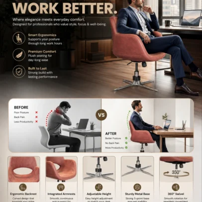The Premium Designer Swivel Lounge Chair is crafted for customers who appreciate modern aesthetics and superior comfort. Upholstered in premium-quality leatherette with high-density foam cushioning, this chair provides exceptional seating comfort for extended periods. Its distinctive curved backrest with an open-back design creates a premium contemporary look while ensuring ergonomic support. The smooth 360° swivel mechanism allows effortless movement, making it perfect for reception areas, executive offices, meeting rooms, cafés, restaurants, hotel lobbies, luxury lounges, and stylish residential interiors. The heavy-duty chrome metal star base offers outstanding stability, corrosion resistance, and long-lasting durability. Designed for both commercial and residential environments, this chair blends luxury, comfort, and performance in one elegant package. Product Specifications Frame Material: Heavy-Duty Metal Frame Base Material: Chrome-Plated Steel Star Base Upholstery Material: Premium Leatherette Seat Material: High-Density Foam Cushion Armrest: Integrated Upholstered Armrests Backrest: Ergonomic Curved Open Back Swivel: 360° Rotation Color: Brown Style: Modern Luxury Assembly: Easy Assembly Usage: Indoor Key Features ✔ Premium Leatherette Upholstery ✔ Ergonomic Curved Backrest ✔ Modern Open-Back Designer Style ✔ Smooth 360° Swivel Function ✔ Heavy-Duty Chrome Metal Base ✔ Comfortable Armrests ✔ High-Density Foam Seat ✔ Strong Metal Construction ✔ Scratch & Rust Resistant Base ✔ Elegant Luxury Finish ✔ Easy Maintenance ✔ Ideal for Commercial & Residential Spaces Applications Office Reception Executive Cabin Hotel Lobby Waiting Area Café Restaurant Lounge Meeting Room Living Room Luxury Apartment Studio Commercial Interiors SEO Keywords Swivel Lounge Chair, Designer Lounge Chair, Leather Lounge Chair, Modern Lounge Chair, Reception Chair, Visitor Chair, Waiting Chair, Luxury Accent Chair, Office Lounge Chair, Hotel Lobby Chair, Café Chair, Restaurant Chair, Contemporary Chair, Leatherette Chair, Swivel Accent Chair, Premium Lounge Seating, Commercial Lounge Chair, Designer Office Chair, Modern Furniture India, Luxury Furniture