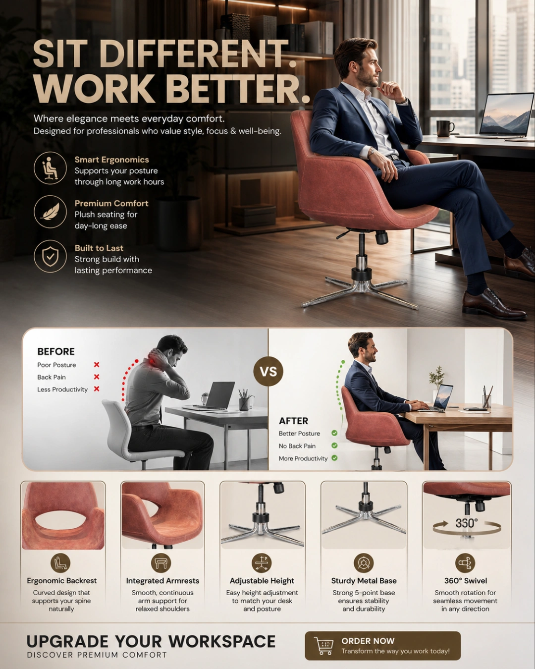 The Premium Designer Swivel Lounge Chair is crafted for customers who appreciate modern aesthetics and superior comfort. Upholstered in premium-quality leatherette with high-density foam cushioning, this chair provides exceptional seating comfort for extended periods. Its distinctive curved backrest with an open-back design creates a premium contemporary look while ensuring ergonomic support. The smooth 360° swivel mechanism allows effortless movement, making it perfect for reception areas, executive offices, meeting rooms, cafés, restaurants, hotel lobbies, luxury lounges, and stylish residential interiors. The heavy-duty chrome metal star base offers outstanding stability, corrosion resistance, and long-lasting durability. Designed for both commercial and residential environments, this chair blends luxury, comfort, and performance in one elegant package. Product Specifications Frame Material: Heavy-Duty Metal Frame Base Material: Chrome-Plated Steel Star Base Upholstery Material: Premium Leatherette Seat Material: High-Density Foam Cushion Armrest: Integrated Upholstered Armrests Backrest: Ergonomic Curved Open Back Swivel: 360° Rotation Color: Brown Style: Modern Luxury Assembly: Easy Assembly Usage: Indoor Key Features ✔ Premium Leatherette Upholstery ✔ Ergonomic Curved Backrest ✔ Modern Open-Back Designer Style ✔ Smooth 360° Swivel Function ✔ Heavy-Duty Chrome Metal Base ✔ Comfortable Armrests ✔ High-Density Foam Seat ✔ Strong Metal Construction ✔ Scratch & Rust Resistant Base ✔ Elegant Luxury Finish ✔ Easy Maintenance ✔ Ideal for Commercial & Residential Spaces Applications Office Reception Executive Cabin Hotel Lobby Waiting Area Café Restaurant Lounge Meeting Room Living Room Luxury Apartment Studio Commercial Interiors SEO Keywords Swivel Lounge Chair, Designer Lounge Chair, Leather Lounge Chair, Modern Lounge Chair, Reception Chair, Visitor Chair, Waiting Chair, Luxury Accent Chair, Office Lounge Chair, Hotel Lobby Chair, Café Chair, Restaurant Chair, Contemporary Chair, Leatherette Chair, Swivel Accent Chair, Premium Lounge Seating, Commercial Lounge Chair, Designer Office Chair, Modern Furniture India, Luxury Furniture