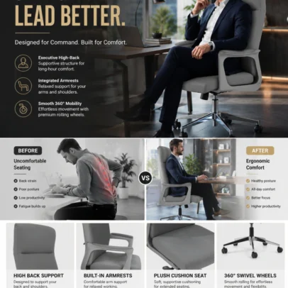 Upgrade your office seating experience with the Premium Ergonomic High Back Office Chair, thoughtfully designed to combine superior comfort, ergonomic support, and contemporary professional style. Featuring a sleek high-back profile and premium cushioning, this chair provides excellent support for long working hours while enhancing the appearance of modern office interiors. The ergonomic backrest is designed to support the natural curve of the spine, helping reduce back fatigue and promote healthy posture throughout the workday. The generously padded seat and armrests provide enhanced comfort, allowing professionals to work efficiently for extended periods without discomfort. Built for everyday office performance, this executive chair includes a smooth height-adjustable mechanism, 360-degree swivel functionality, and durable caster wheels for effortless movement across office floors. The sturdy chrome-finish metal base offers excellent stability, strength, and long-lasting durability, making it suitable for demanding corporate environments. With its clean contemporary design and premium upholstery finish, this chair is an ideal seating solution for executive cabins, manager cabins, director rooms, corporate offices, boardrooms, premium workstations, and home offices. Key Features Ergonomic high-back office chair design Comfortable cushioned seat and backrest Padded armrests for enhanced comfort Ergonomic spinal support for better posture Thick seat cushioning for long working hours 360° swivel functionality Height-adjustable seating mechanism Durable chrome-finish metal base Smooth rolling caster wheels Strong and stable construction Ideal For Executive cabins Manager cabins Director rooms Corporate offices Boardrooms Premium workstations Professional offices Home offices SEO Keywords Ergonomic office chair, high back office chair, executive office chair, boss chair, premium office chair, manager chair, director office chair, swivel office chair, cushioned office chair, ergonomic executive chair, corporate office chair, modern office seating.