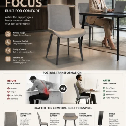 Upgrade your office, reception area, meeting room, café, or dining space with this Modern Upholstered Visitor Chair, designed to combine contemporary style, superior comfort, and long-lasting durability. Featuring a premium upholstered seat and backrest with a sturdy powder-coated metal leg frame, this chair offers exceptional stability while adding a sophisticated touch to any modern interior. The ergonomically contoured backrest provides excellent support for comfortable sitting during meetings, waiting periods, or daily use. Its minimalist design blends seamlessly with corporate offices, conference rooms, reception areas, cafés, restaurants, hotels, and modern residential interiors. The durable upholstery is soft to the touch, easy to maintain, and engineered for everyday commercial use. The strong metal legs with a premium black powder-coated finish ensure excellent strength, corrosion resistance, and long service life. Anti-slip foot caps protect flooring while enhancing stability. Whether used individually or in bulk commercial projects, this chair delivers the perfect combination of aesthetics, functionality, and comfort. Ideal for architects, interior designers, offices, cafés, restaurants, hotels, educational institutions, and corporate environments, this chair is available in multiple upholstery colors to match different décor styles. Key Features Premium upholstered seat and backrest Strong powder-coated metal legs Ergonomic back support for enhanced comfort Modern minimalist design Heavy-duty commercial construction Scratch and corrosion-resistant frame Anti-slip floor protectors Comfortable cushioned seating Easy to clean and maintain Suitable for indoor commercial and residential use Available in multiple color options Ideal for bulk and project requirements Perfect For Office Reception Areas Visitor Seating Conference Rooms Meeting Rooms Waiting Areas Cafés & Restaurants Hotels & Lounges Dining Spaces Co-working Offices Commercial Interiors Modern Visitor Chair, Upholstered Visitor Chair, Reception Chair, Office Visitor Chair, Metal Leg Chair, Waiting Room Chair, Conference Chair, Commercial Chair, Restaurant Chair, Café Chair, Upholstered Dining Chair, Office Seating Chair, Premium Visitor Seating, Modern Office Chair, Reception Furniture, Hospitality Chair, Contemporary Chair, Designer Visitor Chair, Corporate Seating, Global Star Furniture.