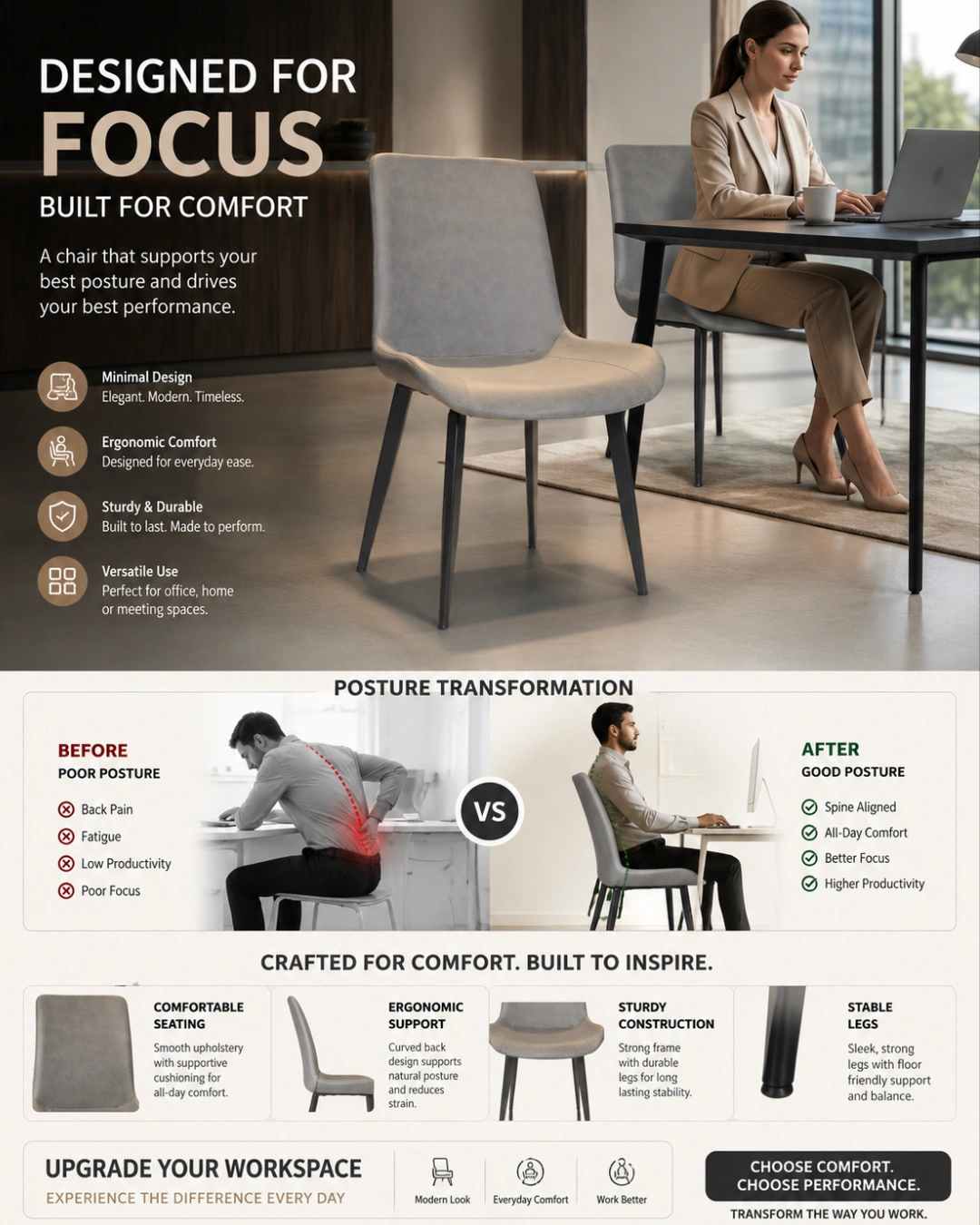 Upgrade your office, reception area, meeting room, café, or dining space with this Modern Upholstered Visitor Chair, designed to combine contemporary style, superior comfort, and long-lasting durability. Featuring a premium upholstered seat and backrest with a sturdy powder-coated metal leg frame, this chair offers exceptional stability while adding a sophisticated touch to any modern interior. The ergonomically contoured backrest provides excellent support for comfortable sitting during meetings, waiting periods, or daily use. Its minimalist design blends seamlessly with corporate offices, conference rooms, reception areas, cafés, restaurants, hotels, and modern residential interiors. The durable upholstery is soft to the touch, easy to maintain, and engineered for everyday commercial use. The strong metal legs with a premium black powder-coated finish ensure excellent strength, corrosion resistance, and long service life. Anti-slip foot caps protect flooring while enhancing stability. Whether used individually or in bulk commercial projects, this chair delivers the perfect combination of aesthetics, functionality, and comfort. Ideal for architects, interior designers, offices, cafés, restaurants, hotels, educational institutions, and corporate environments, this chair is available in multiple upholstery colors to match different décor styles. Key Features Premium upholstered seat and backrest Strong powder-coated metal legs Ergonomic back support for enhanced comfort Modern minimalist design Heavy-duty commercial construction Scratch and corrosion-resistant frame Anti-slip floor protectors Comfortable cushioned seating Easy to clean and maintain Suitable for indoor commercial and residential use Available in multiple color options Ideal for bulk and project requirements Perfect For Office Reception Areas Visitor Seating Conference Rooms Meeting Rooms Waiting Areas Cafés & Restaurants Hotels & Lounges Dining Spaces Co-working Offices Commercial Interiors Modern Visitor Chair, Upholstered Visitor Chair, Reception Chair, Office Visitor Chair, Metal Leg Chair, Waiting Room Chair, Conference Chair, Commercial Chair, Restaurant Chair, Café Chair, Upholstered Dining Chair, Office Seating Chair, Premium Visitor Seating, Modern Office Chair, Reception Furniture, Hospitality Chair, Contemporary Chair, Designer Visitor Chair, Corporate Seating, Global Star Furniture.