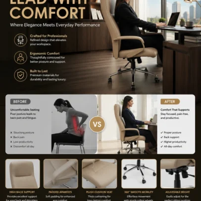 Enhance your executive workspace with the Premium Ergonomic High Back Executive Office Chair, crafted to deliver exceptional comfort, professional elegance, and long-lasting performance. Featuring a sleek high-back silhouette with integrated headrest support, this chair provides superior ergonomic comfort while complementing modern office interiors. The generously cushioned seat and backrest support the neck, shoulders, and lower back, helping maintain healthy posture and reducing fatigue during extended working hours. The integrated headrest offers enhanced neck support, while the softly padded armrests ensure relaxed arm positioning for improved productivity and comfort. Designed for everyday professional use, this executive chair includes a smooth height-adjustable mechanism, 360-degree swivel functionality, and durable caster wheels for effortless movement across office floors. The sturdy chrome-finish metal base provides excellent stability, strength, and long-term durability, making it ideal for demanding corporate environments. With its refined contemporary design and premium upholstery finish, this chair is perfectly suited for executive cabins, director rooms, boardrooms, corporate offices, premium workstations, and luxury home offices. Key Features Ergonomic high-back executive design Integrated cushioned headrest support Premium upholstered seat and backrest Comfortable padded armrests Thick cushioning for long-hour comfort 360° swivel functionality Height-adjustable seating mechanism Durable chrome-finish metal base Smooth rolling caster wheels Strong and stable construction for professional use Ideal For Executive cabins Director rooms CEO offices Manager cabins Corporate offices Boardrooms Premium workstations Luxury home offices SEO Keywords Premium executive office chair, ergonomic high back office chair, boss chair, luxury office chair, director office chair, manager chair, office chair with headrest, executive swivel chair, cushioned office chair, corporate office chair, modern executive seating, premium boss chair.