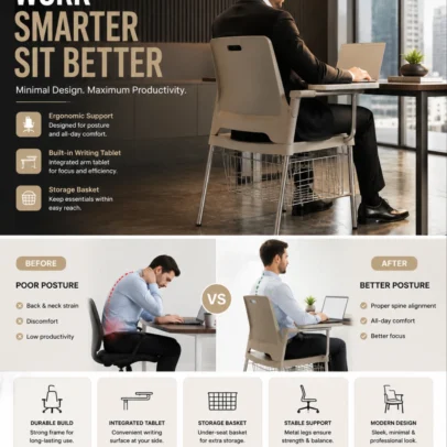 Enhance your learning and training environment with the Modern Training Chair with Writing Pad & Storage Basket, thoughtfully designed for comfort, functionality, and space efficiency. This premium training chair features a durable molded seat and backrest, a convenient foldable writing tablet, and a strong metal frame that ensures long-lasting performance in high-usage environments. The attached writing pad provides a stable surface for note-taking, laptop use, examinations, and training activities, making it an excellent choice for classrooms, coaching institutes, corporate training rooms, seminar halls, and conference centers. The integrated wire storage basket beneath the seat offers practical space for books, bags, files, and study materials, helping maintain an organized workspace. Its ergonomic backrest supports proper posture during extended sitting sessions, while the lightweight yet sturdy construction allows easy movement and arrangement. The chair’s modern minimalist design blends seamlessly with educational institutions, offices, training centers, and professional seminar spaces. Built for daily commercial use, this training chair combines durability, comfort, and functionality, making it a reliable seating solution for educational and professional environments. Key Features Attached writing pad for study and training use Strong powder-coated metal frame Ergonomic molded seat and backrest Integrated wire storage basket under the seat Space-saving and easy-to-arrange design Durable construction for high-traffic use Easy to clean and maintain Suitable for classrooms, institutes, and offices Ideal For Training centers Coaching institutes Classrooms Seminar halls Conference rooms Corporate training spaces Examination halls Educational institutions SEO Keywords Training chair with writing pad, classroom chair with tablet arm, student chair with writing tablet, training room chair, coaching institute chair, seminar chair with desk, conference training chair, educational chair with storage basket, lecture chair with writing board, modern training chair.