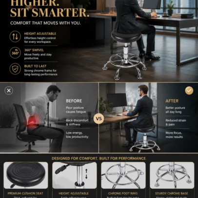The Height Adjustable Revolving Task Stool with Chrome Base is a practical and durable seating solution designed for laboratories, clinics, salons, workshops, offices, and industrial workstations. Featuring a cushioned round seat, smooth revolving mechanism, and sturdy chrome-finish metal frame, this stool offers reliable comfort and flexibility for daily professional use. The padded seat is designed to provide comfortable support during extended working hours, while the height-adjustable mechanism allows users to customize seating height according to their workspace requirements. The 360-degree revolving function enables easy movement and accessibility, making it ideal for tasks that require frequent repositioning. Built with a strong chrome-plated metal base and reinforced support ring, this stool provides excellent stability, durability, and load-bearing performance. The integrated circular footrest enhances comfort by supporting proper leg positioning during prolonged sitting. Compact, easy to maintain, and suitable for high-traffic work environments, this revolving task stool is an excellent choice for laboratories, medical clinics, beauty salons, workshops, factories, and office workstations. Key Features Height-adjustable seating mechanism 360° revolving functionality Comfortable cushioned round seat Durable chrome-finish metal construction Reinforced circular footrest ring Stable four-leg base design Compact space-saving structure Easy to clean and maintain Suitable for commercial and industrial use Ideal For Laboratories Medical clinics Dental clinics Beauty salons Barber shops Workshops Factories Office workstations Industrial work areas SEO Keywords Revolving stool, laboratory stool, adjustable task stool, workstation stool, chrome stool, salon stool, clinic stool, industrial stool, round seat stool, height adjustable stool, revolving task chair, workshop stool, office task stool.