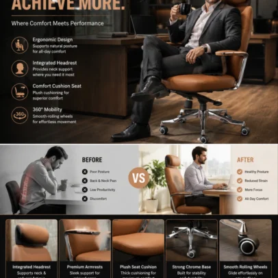 Upgrade your workspace with the Premium High Back Executive Office Chair with Headrest, designed to deliver exceptional comfort, executive style, and long-lasting performance. Crafted with a luxurious cushioned seat and backrest, this chair provides superior support during extended working hours while adding a sophisticated look to modern office interiors. The ergonomic high-back design supports the neck, shoulders, and lower back, helping maintain proper posture and reduce fatigue throughout the day. A generously padded headrest offers additional neck comfort, making this chair ideal for executives, directors, managers, and professionals who spend long hours at their desks. Featuring premium padded armrests, a smooth height-adjustable mechanism, and a 360-degree swivel base with durable rolling wheels, this executive chair ensures effortless mobility and flexibility in any workspace. The sturdy metal base enhances stability and durability, making it suitable for daily commercial office use. With its elegant contemporary design and premium upholstery finish, this chair is a perfect addition to executive cabins, boardrooms, corporate offices, director rooms, and luxury home offices. Key Features Ergonomic high-back executive design Premium cushioned headrest for neck support Soft padded armrests for enhanced comfort Thick seat cushioning for long working hours Smooth 360° swivel mechanism Height-adjustable seating Durable metal base with rolling casters Sturdy and long-lasting construction Elegant luxury office appearance Ideal For Executive cabins Director rooms CEO and manager offices Corporate offices Boardrooms Premium workstations Home executive offices SEO Keywords Executive office chair, high back office chair, boss chair, luxury office chair, ergonomic executive chair, director office chair, manager chair, office chair with headrest, premium office chair, swivel executive chair, cushioned office chair, modern executive seating.