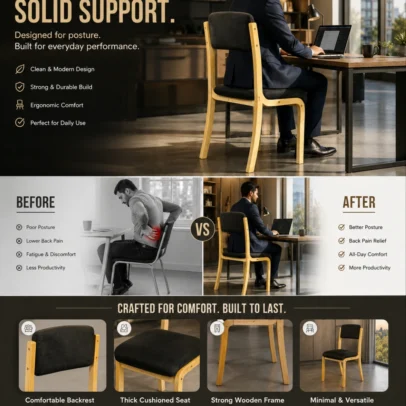 Modern Upholstered Visitor Chair with Wooden Finish Metal Frame for Offices, Reception & Commercial Spaces Create a welcoming and professional seating environment with the Modern Upholstered Visitor Chair with Wooden Finish Metal Frame. Designed for comfort, durability, and contemporary style, this premium visitor chair is an ideal seating solution for office receptions, waiting areas, conference rooms, meeting spaces, cafés, hotels, educational institutions, and modern commercial interiors. The chair features a generously padded seat and backrest upholstered in premium velvet fabric, providing a soft and comfortable seating experience. Its ergonomic backrest offers excellent support for the lower and middle back, making it suitable for extended meetings, waiting areas, guest seating, and everyday office use. The elegant black upholstery adds a sophisticated touch to any interior while complementing a wide range of office furniture and décor styles. Whether placed in a corporate reception, executive office, meeting room, or hospitality space, this chair enhances the overall appearance with its clean lines and modern aesthetic. Built for long-lasting performance, the chair is supported by a heavy-duty steel frame finished with a premium wood-grain coating. While the frame has the natural appearance of wood, it is constructed from durable metal, offering superior strength, stability, and resistance to everyday wear. This combination provides the beauty of wooden furniture with the reliability of commercial-grade steel. The compact design allows efficient use of space while maintaining excellent seating comfort. Anti-slip leg protectors help safeguard flooring from scratches and improve stability on different surfaces. Manufactured using high-quality materials and precision craftsmanship, this chair is suitable for high-traffic commercial environments as well as residential applications. Its sturdy construction ensures reliable performance with minimal maintenance. Whether you are furnishing an office reception, conference room, waiting lounge, hotel lobby, café, training center, or home office, the Modern Upholstered Visitor Chair with Wooden Finish Metal Frame offers the perfect balance of comfort, durability, and timeless elegance. Upgrade your seating area with a chair that combines premium upholstery, commercial-grade construction, and contemporary design to create a welcoming experience for every guest. Key Features Premium Upholstered Seat & Backrest Soft Velvet Fabric Finish Heavy-Duty Metal Frame Elegant Wood-Grain Finish on Metal Legs Ergonomic Back Support Thick High-Density Foam Cushion Modern Minimalist Design Durable Commercial-Grade Construction Scratch-Resistant Frame Anti-Slip Floor Protectors Easy to Clean & Maintain Suitable for Commercial & Residential Use SEO Keywords Visitor Chair Reception Chair Office Visitor Chair Upholstered Visitor Chair Conference Chair Waiting Room Chair Office Reception Chair Guest Chair Commercial Visitor Chair Velvet Office Chair Wooden Finish Metal Chair Modern Visitor Seating Office Furniture Waiting Area Chair Executive Visitor Chair
