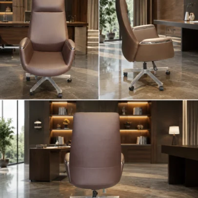 Luxury High Back Executive Boss Office Chair for Premium Office Interiors Enhance your workspace with the Luxury High Back Executive Boss Office Chair, a perfect blend of sophisticated design, superior comfort, and long-lasting durability. Designed for executives, directors, business owners, and professionals, this premium office chair adds elegance and functionality to any modern office environment. Crafted with a sleek high-back silhouette, this executive chair provides full upper-body support, helping maintain proper posture during long working hours. The generously cushioned backrest and spacious seat are designed to deliver exceptional comfort, reducing fatigue and promoting productivity throughout the day. Finished in premium brown leatherette upholstery, this chair brings a refined and luxurious appearance to executive cabins, boardrooms, conference rooms, and premium home offices. The rich brown finish complements contemporary office interiors while adding a professional and distinguished look to your workspace. The ergonomically designed structure supports the natural curve of the spine, providing excellent back and shoulder support for prolonged sitting. The wide seat and padded armrests enhance overall comfort, making it ideal for executives who spend extended hours attending meetings, managing teams, or working at a desk. Built with a heavy-duty metal base, the chair offers exceptional strength and stability for daily commercial use. Smooth-rolling caster wheels allow effortless movement across office floors, while the 360-degree swivel mechanism provides flexibility and convenience without interrupting workflow. The premium-quality upholstery is soft to the touch, durable, and easy to maintain, making it suitable for busy office environments. Precision stitching and clean lines highlight the chair's superior craftsmanship, ensuring it remains a stylish centerpiece in any executive office. Whether you're furnishing a corporate headquarters, director's cabin, luxury office, startup workspace, or home office, this chair offers the perfect combination of modern aesthetics and ergonomic performance. Its timeless design seamlessly integrates with executive desks, conference tables, and premium office furniture collections. Manufactured using high-quality materials, the Luxury High Back Executive Boss Office Chair is designed for reliability, durability, and everyday comfort. It is an excellent seating solution for professionals who value both style and performance in their workspace. Upgrade your office with a chair that reflects professionalism, authority, and premium quality. This executive chair is the ideal choice for creating a comfortable, productive, and elegant working environment. Key Features Premium High Back Executive Design Luxury Brown Leatherette Upholstery Ergonomic Back Support Spacious Cushioned Seat Soft Padded Armrests Heavy-Duty Metal Base 360° Smooth Swivel Mechanism Durable Twin-Wheel Castors Modern Executive Styling High-Density Foam Cushioning Strong Commercial-Grade Construction Easy to Clean & Maintain SEO Keywords Executive Office Chair Boss Office Chair High Back Executive Chair Brown Executive Chair Luxury Office Chair Premium Office Chair Leather Office Chair Director Office Chair CEO Chair Corporate Office Chair Swivel Office Chair Revolving Chair Office Furniture Executive Seating Modern Office Chair