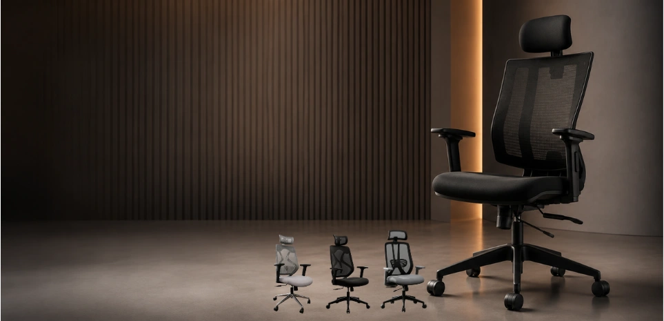 Ergonomic High Back Mesh Office Chair with Adjustable Headrest for Modern Offices Experience superior comfort and productivity with the Ergonomic High Back Mesh Office Chair with Adjustable Headrest, designed for professionals who spend long hours at their desks. Combining advanced ergonomic support, breathable mesh construction, and modern aesthetics, this chair is the perfect seating solution for corporate offices, home offices, workstations, and professional environments. Designed with a high-back ergonomic frame, this office chair provides complete support for the head, neck, shoulders, and lower back. The adjustable headrest helps maintain proper neck alignment, while the ergonomic backrest follows the natural curve of the spine, promoting healthy posture and reducing fatigue throughout the workday. The breathable mesh backrest enhances airflow, allowing heat and moisture to escape naturally. This keeps users cool and comfortable even during extended working hours, making the chair an excellent choice for busy offices, call centers, IT companies, coworking spaces, and home workstations. The generously padded fabric seat is made with high-density foam that delivers lasting comfort without losing its shape. The seat provides balanced support, making it suitable for prolonged computer work, meetings, online conferences, designing, programming, and administrative tasks. This ergonomic office chair features adjustable armrests that help reduce strain on the shoulders, wrists, and elbows while typing or using a computer. The height adjustment mechanism allows users to customize the seating position according to their desk height and individual comfort preferences. Built on a strong heavy-duty nylon base, the chair offers excellent stability and durability for daily commercial use. Smooth-rolling caster wheels provide effortless mobility across different floor surfaces, while the 360-degree swivel mechanism enables easy movement and improved workplace efficiency. Its sleek black finish and contemporary design blend seamlessly into modern office interiors, executive workspaces, conference rooms, educational institutions, and professional environments. Whether you're furnishing a startup office, corporate workspace, or home office, this chair delivers both functionality and style. Manufactured using premium-quality materials, the Ergonomic High Back Mesh Office Chair with Adjustable Headrest is built for durability, comfort, and long-term performance. It is an excellent investment for businesses and professionals seeking reliable ergonomic seating that supports productivity and overall well-being. Upgrade your workspace with a chair designed to improve posture, enhance comfort, and create a healthier working environment for everyday use. Key Features Ergonomic High Back Design Adjustable Headrest Breathable Mesh Backrest High-Density Foam Seat Cushion Adjustable Seat Height Adjustable Armrests Heavy-Duty Nylon Base Smooth Rolling Castor Wheels 360° Swivel Rotation Excellent Lumbar Support Durable Commercial-Grade Construction Modern Professional Design SEO Keywords Ergonomic Office Chair Mesh Office Chair High Back Mesh Chair Office Chair with Headrest Adjustable Office Chair Computer Chair Workstation Chair Task Chair Executive Mesh Chair Swivel Office Chair Revolving Office Chair Ergonomic Computer Chair Office Furniture Modern Office Chair Professional Office Chair