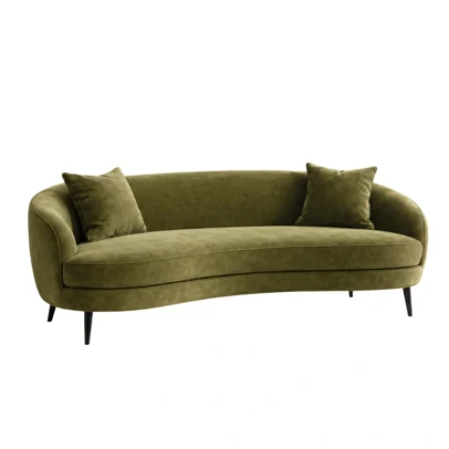 Modern olive green curved fabric sofa with tapered legs Olive green modern sofa with soft fabric upholstery Curved fabric sofa for modern living room Modern curved sofa with smooth seat finish and tapered legs Premium fabric sofa from Global Star Furniture Ghaziabad