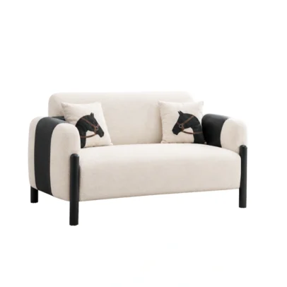 Modern two-seater sofa with cream upholstery and black accents Cream modern sofa with black legs for contemporary interiors Two-seater sofa with textured cream upholstery and black side detailing Modern sofa furniture by Global Star Furniture in Ghaziabad Contemporary cream sofa with black cylindrical legs and cushions