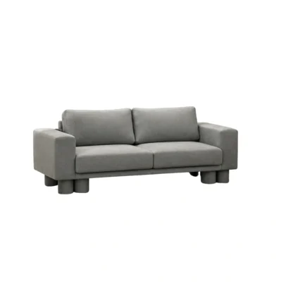 Modern grey two-seater sofa with cushioned seats Grey upholstered two-seater sofa with cylindrical legs Modern grey sofa with two back cushions and broad armrests Contemporary two-seater sofa by Global Star Furniture Grey modern sofa furniture manufacturer in Ghaziabad