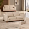 Modern cream fabric sofa set with wooden base Cream sofa with plush cushions and contemporary design Modern fabric sofa set for living room and lounge Cream sofa with structured armrests and wooden feet Modern cream sofa set from Global Star Furniture Ghaziabad