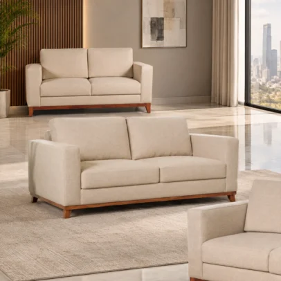 Modern cream fabric sofa set with wooden base Cream sofa with plush cushions and contemporary design Modern fabric sofa set for living room and lounge Cream sofa with structured armrests and wooden feet Modern cream sofa set from Global Star Furniture Ghaziabad