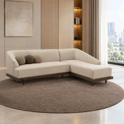 L-shaped sofa, sectional sofa, modern sectional sofa, beige sofa, beige L-shaped sofa, chaise sofa, modern living room sofa, contemporary sofa, sofa furniture, home sofa, lounge sofa, reception sofa, office lounge sofa, sofa manufacturer, furniture manufacturer Ghaziabad