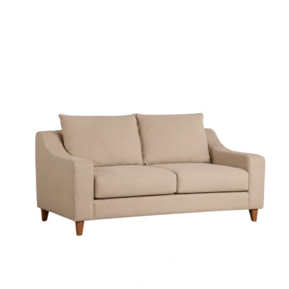 Modern cream fabric two seater sofa with wooden legs Cream contemporary sofa with plush back and seat cushions Modern fabric sofa for home apartment and lounge Cream sofa with smooth arms and wooden legs Modern cream sofa from Global Star Furniture Ghaziabad