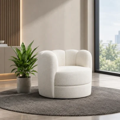 Modern cream upholstered accent lounge chair Contemporary cream accent chair with curved backrest Cream upholstered lounge chair for modern interiors Modern accent chair manufacturer in Ghaziabad Global Star Furniture cream upholstered lounge chair