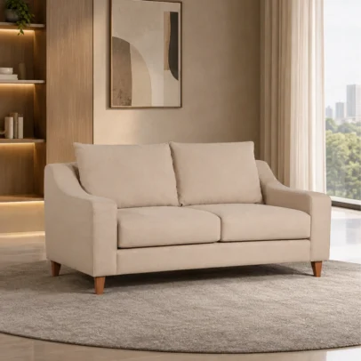 Modern cream fabric two seater sofa with wooden legs Cream contemporary sofa with plush back and seat cushions Modern fabric sofa for home apartment and lounge Cream sofa with smooth arms and wooden legs Modern cream sofa from Global Star Furniture Ghaziabad