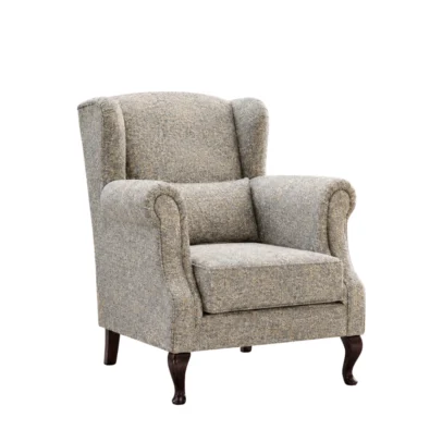 wingback armchair, upholstered armchair, classic armchair, traditional armchair, beige armchair, patterned armchair, lounge chair, upholstered lounge chair, rolled arm chair, wooden leg armchair, accent armchair, home furniture, reception seating, Global Star Furniture, furniture manufacturer Ghaziabad