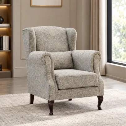 wingback armchair, upholstered armchair, classic armchair, traditional armchair, beige armchair, patterned armchair, lounge chair, upholstered lounge chair, rolled arm chair, wooden leg armchair, accent armchair, home furniture, reception seating, Global Star Furniture, furniture manufacturer Ghaziabad