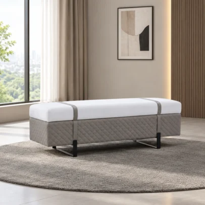 upholstered bench, modern upholstered bench, quilted bench, contemporary bench, white upholstered bench, taupe bench, upholstered seating, modern seating bench, metal leg bench, lounge bench, accent bench, commercial seating, home furniture, Global Star Furniture, furniture manufacturer Ghaziabad
