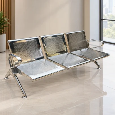 three seater waiting chair, perforated metal waiting chair, silver waiting chair, three seater reception chair, office waiting chair, reception seating, waiting area furniture, metal waiting chair, visitor seating, office reception furniture, perforated seating, three seat waiting chair, commercial seating, Global Star Furniture, furniture manufacturer Ghaziabad