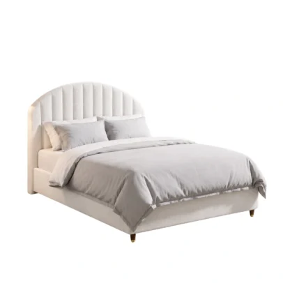 white upholstered bed, modern upholstered bed, curved headboard bed, panelled headboard bed, upholstered bed, modern bed, white bed, contemporary bed, padded headboard, bedroom furniture, modern bedroom furniture, home furniture, bed manufacturer, Global Star Furniture, furniture manufacturer Ghaziabad