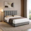 modern upholstered bed, channel tufted bed, upholstered bed, vertical tufted headboard, padded headboard bed, charcoal grey bed, dark upholstered bed, modern bed, contemporary bed, bedroom furniture, modern bedroom furniture, upholstered headboard, home furniture, bed manufacturer, Global Star Furniture