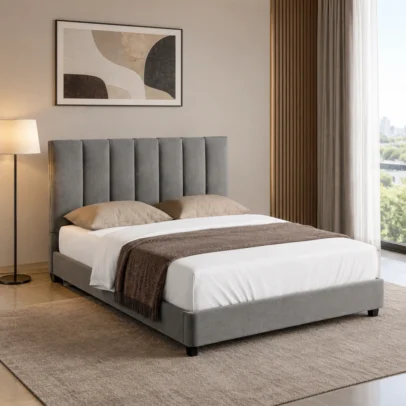 modern upholstered bed, channel tufted bed, upholstered bed, vertical tufted headboard, padded headboard bed, charcoal grey bed, dark upholstered bed, modern bed, contemporary bed, bedroom furniture, modern bedroom furniture, upholstered headboard, home furniture, bed manufacturer, Global Star Furniture