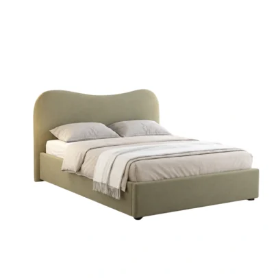 modern upholstered bed, curved upholstered bed, curved headboard bed, minimalist bed, modern bed, olive grey bed, khaki upholstered bed, upholstered headboard, contemporary bed, bedroom furniture, modern bedroom furniture, home furniture, bed manufacturer, Global Star Furniture, furniture manufacturer Ghaziabad