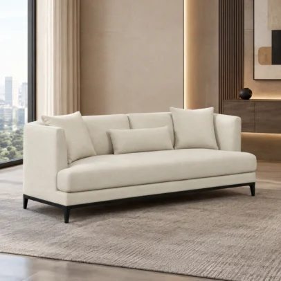 Modern cream upholstered sofa with black base legs Cream sofa with plush back cushions and thick seat Modern cream sofa for living room and lounge Contemporary upholstered sofa with black base and legs Modern cream sofa from Global Star Furniture Ghaziabad