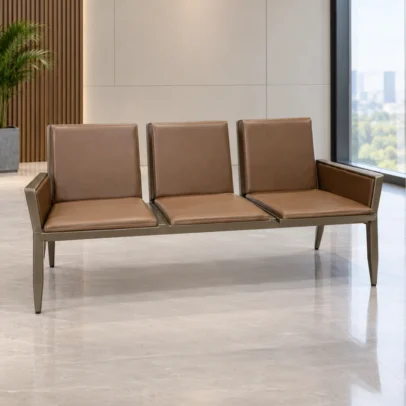 three seater waiting bench, waiting bench, three seater bench, office waiting seating, reception seating, waiting area furniture, office reception furniture, upholstered waiting bench, brown waiting bench, commercial seating, office furniture, reception bench, Global Star Furniture, furniture manufacturer Ghaziabad