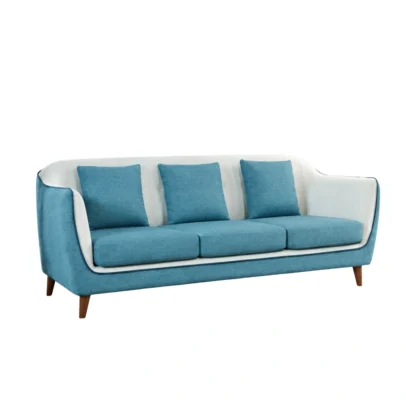 Modern blue three seater fabric sofa with wooden legs Blue contemporary sofa with three seat and back cushions Modern blue fabric sofa for home apartment and lounge Blue sofa with premium fabric finish and elegant edge detailing Modern three seater sofa from Global Star Furniture Ghaziabad