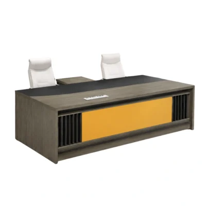 executive office table, modern executive table, executive desk, office table, modern office table, office furniture, wood finish office table, office table with cable port, yellow panel office table, vertical panel office table, executive table manufacturer, office furniture manufacturer, office furniture Ghaziabad, corporate office table